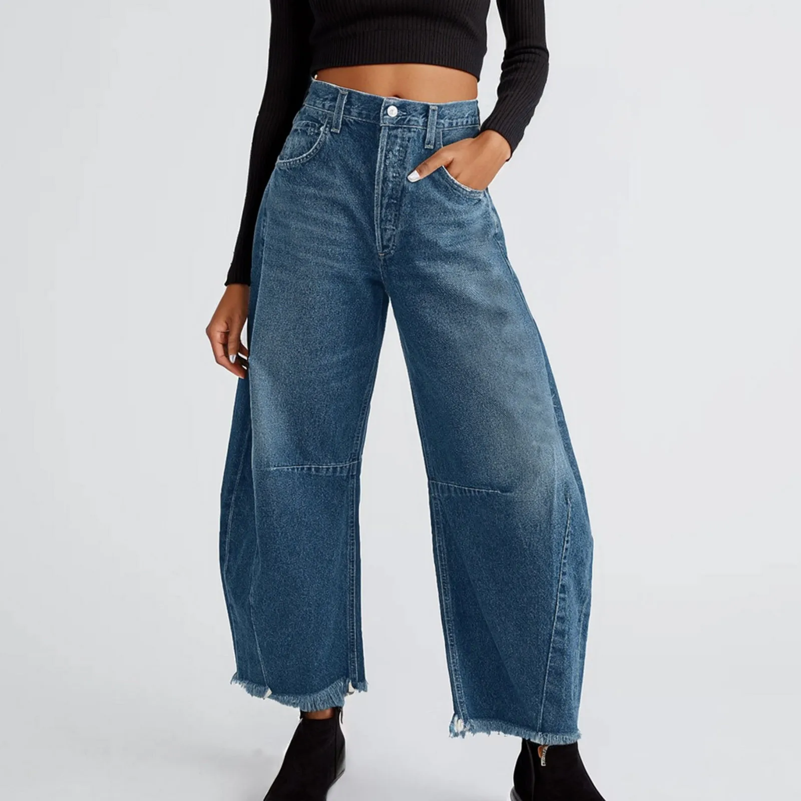 

Fashion Women Baggy Wide Leg Jeans Mid Waist Loose Cropped Hem Denim Pants Button Pockets Straight Trousers Y2k Female Streetwea