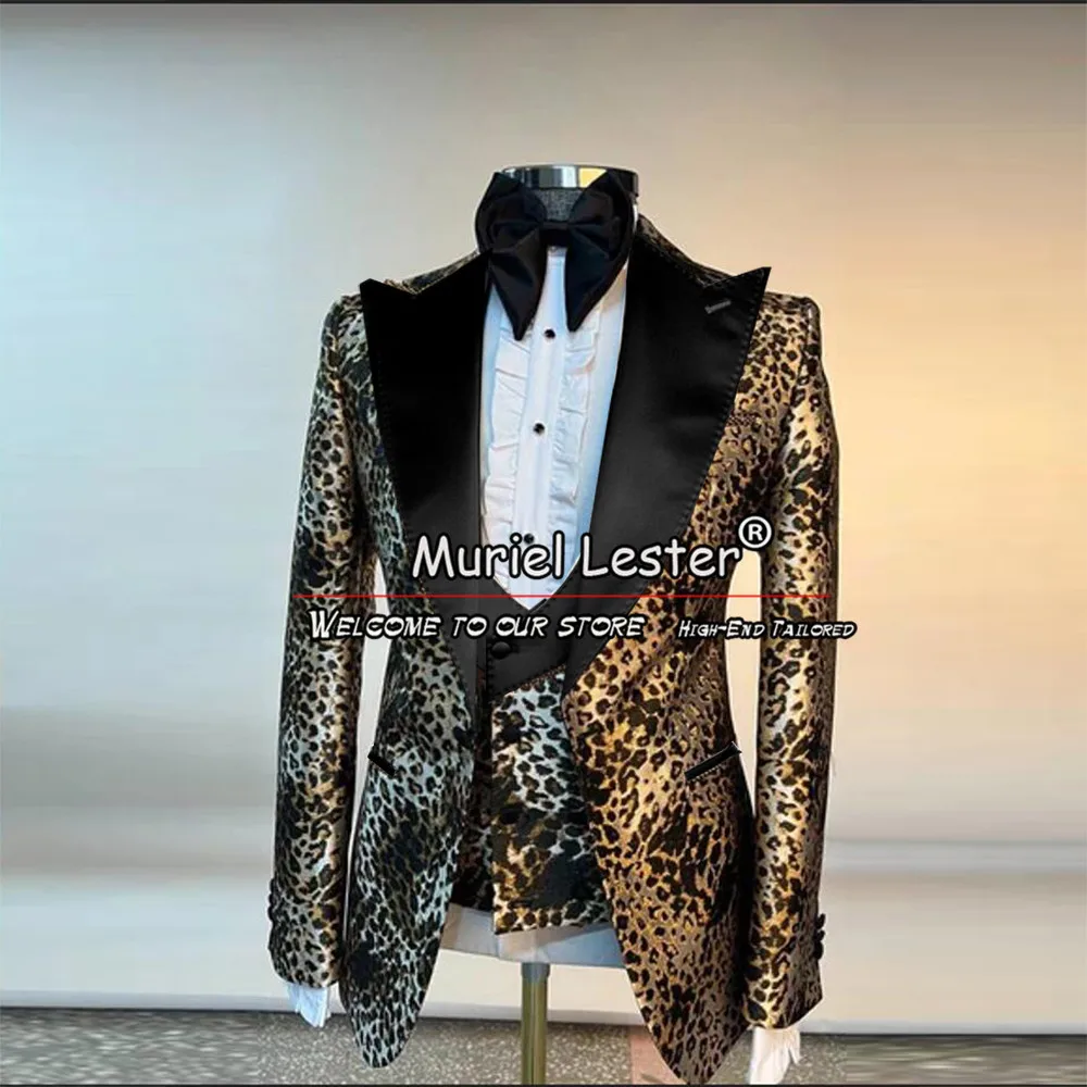 

Gold Black Leopard Wedding Suits For Men Notch Lapel Jacket Vest Pants 3 Pieces Formal Porm Groom Tuxedos Custom Made Blazers