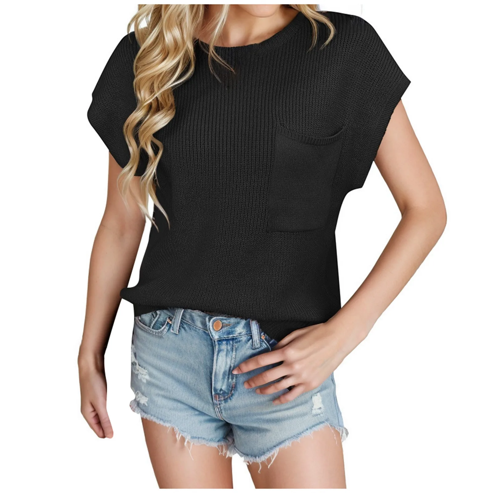 

Women's T-Shirts Fashion Round Neck Sweater Knit Chunky Needle Casual Pocket Solid Top Colour Clothes For Women Ropa De Mujer