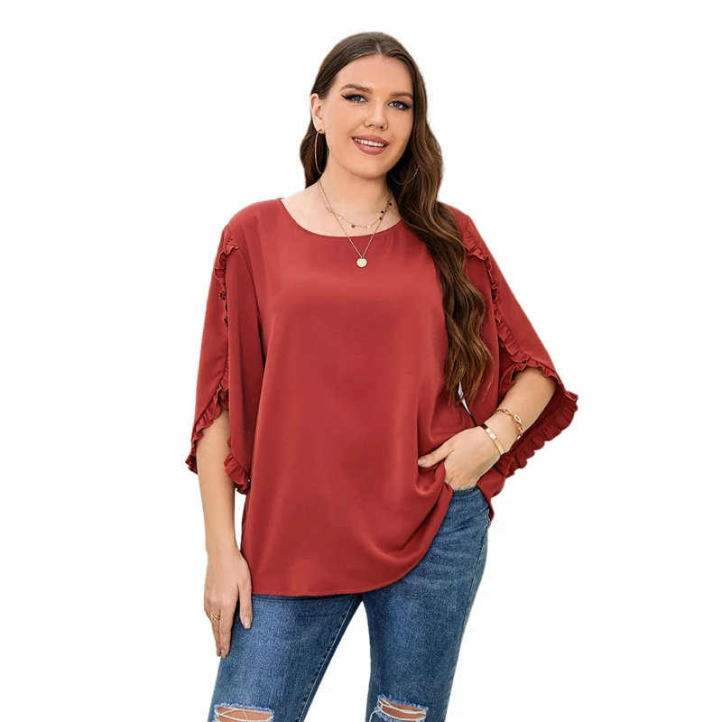Womens Plus Size Ruffles Trim 3/4 Sleeve Blouses Tunic Tops Vintage Solid Color O-Neck Casual Loose Pullover Tee Shirts
Womens Plus Size Ruffles Trim 3/4 Sleeve Blouses Tunic Tops Vintage Solid Color O-Neck Casual Loose Pullover Tee Shirts