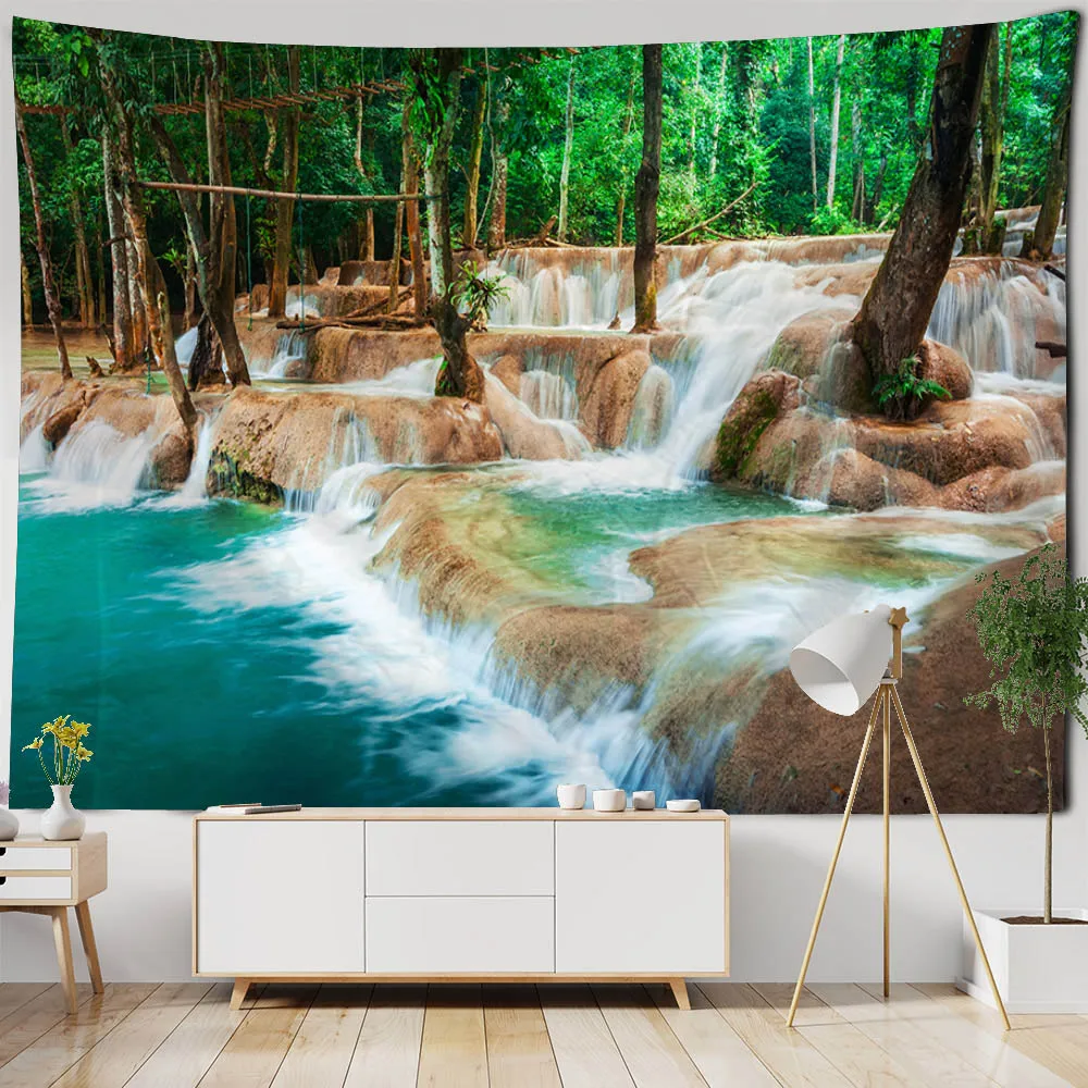 

Forest waterfall tapestry ocean landscape wall hanging, home art decoration, polyester background cloth, bed sheets picnic mats