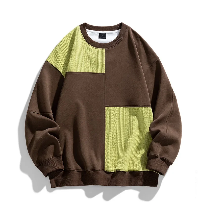 

2023 Autumn/Winter New Men's Trend Contrast Corduroy Panel Round Neck Sweater Loose Casual Bottom Top