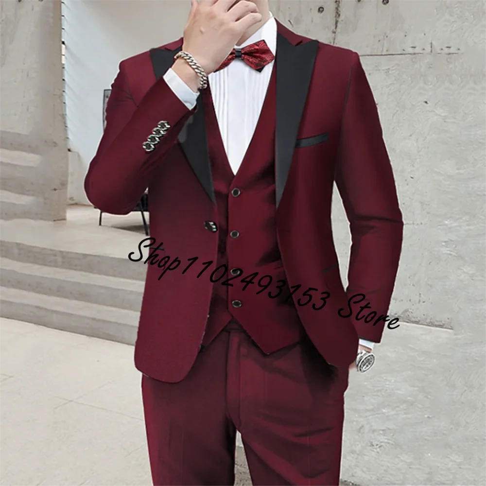 

Men's Suit Slim Fit 3 Pieces Burgundy Tuxedos Gentle-Mens Wedding Suits Peak Lapel Groom Terno (Jacket+Pants+Vest) Costume Homme