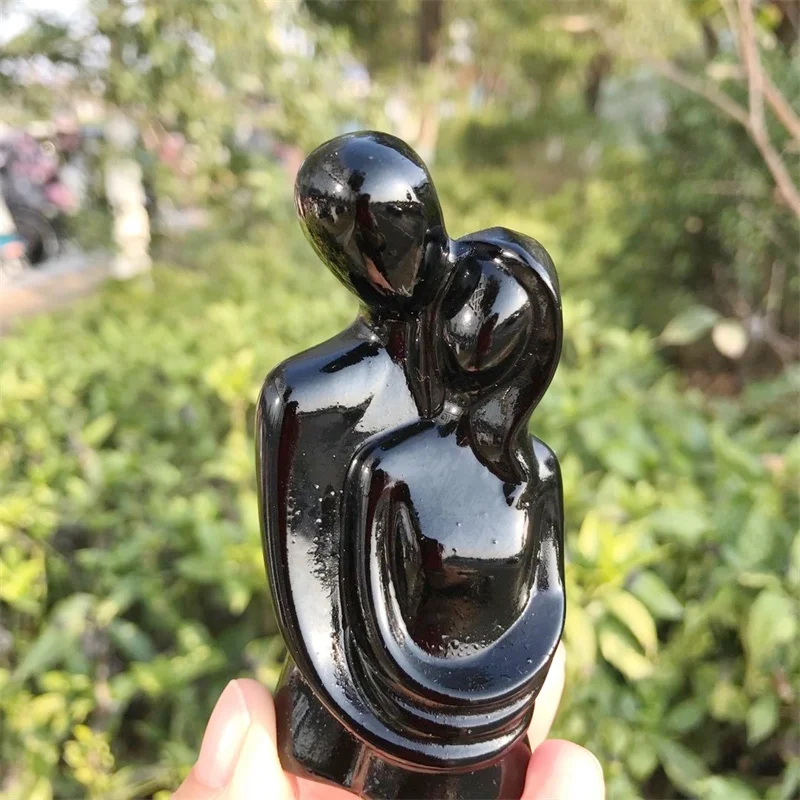 

8.9cm Natural Black Obsidian Crystal Lover Statue Hand Carved Healing Love Gemstone Crafts For Room Decoration 1pcs