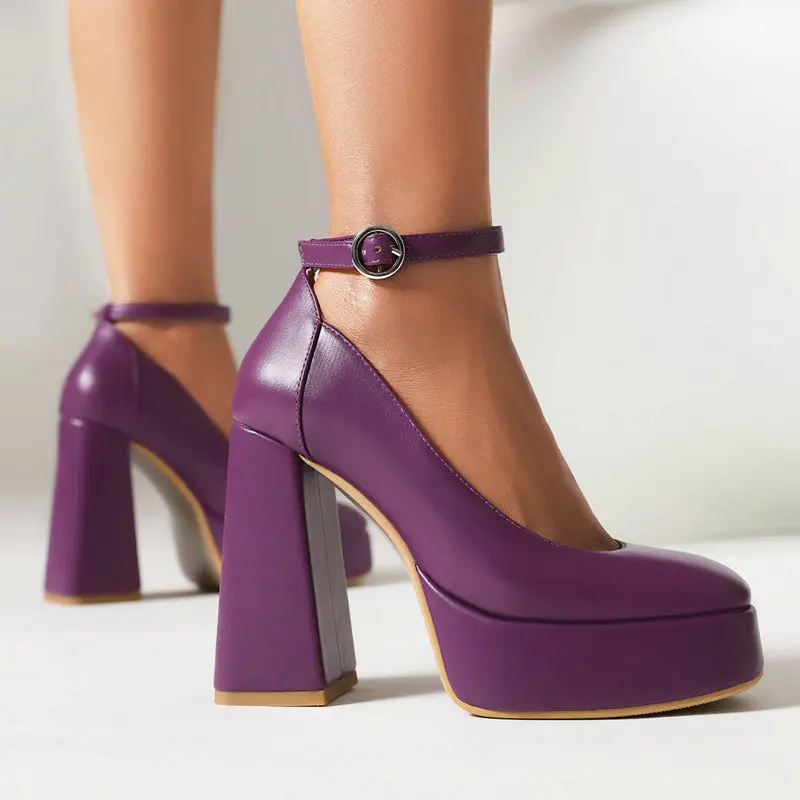 

Classic Pink Sexy Purple Ladies Dress Office Pumps Round Toe Platform High Heeled Shoes Ankle Buckle Block Heels Mary Janes