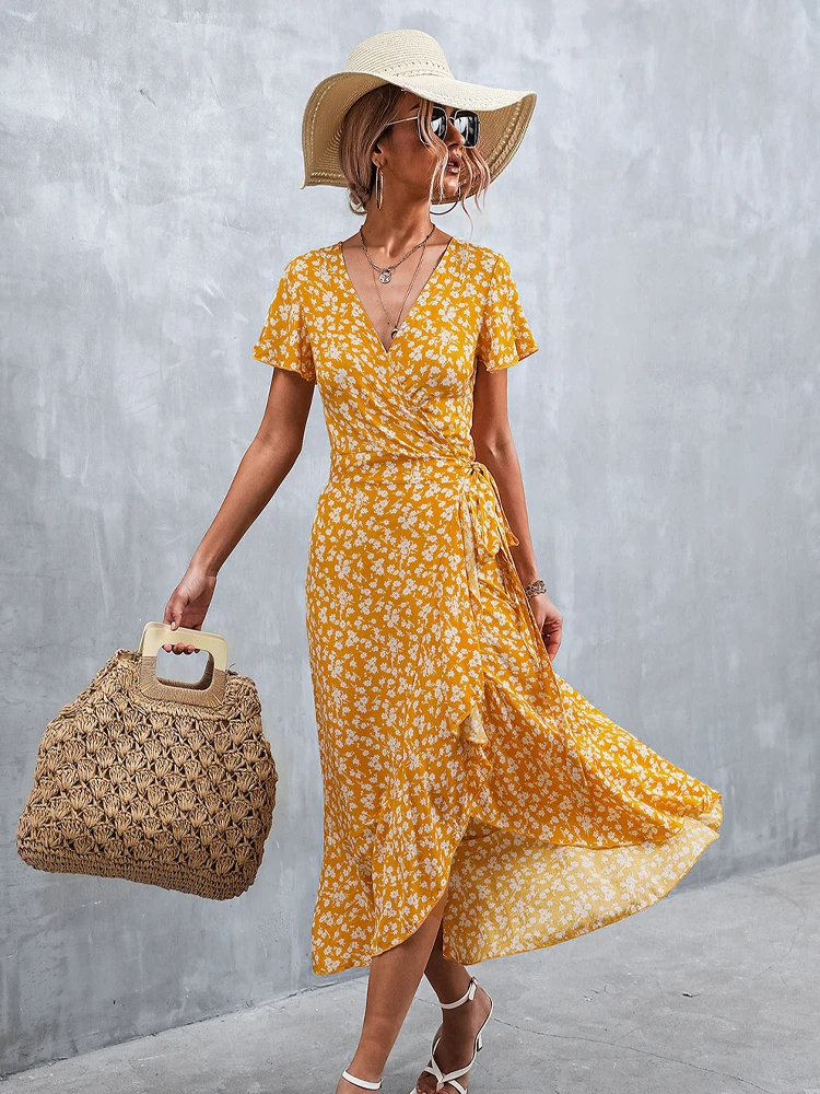Elegant Floral Print Dresses for Women Summer Dress 2022 Yellow Boho Cross V-Neck Ruffle Short Sleeve Lace-up Long Robe Femme
Elegant Floral Print Dresses for Women Summer Dress 2022 Yellow Boho Cross V-Neck Ruffle Short Sleeve Lace-up Long Robe Femme