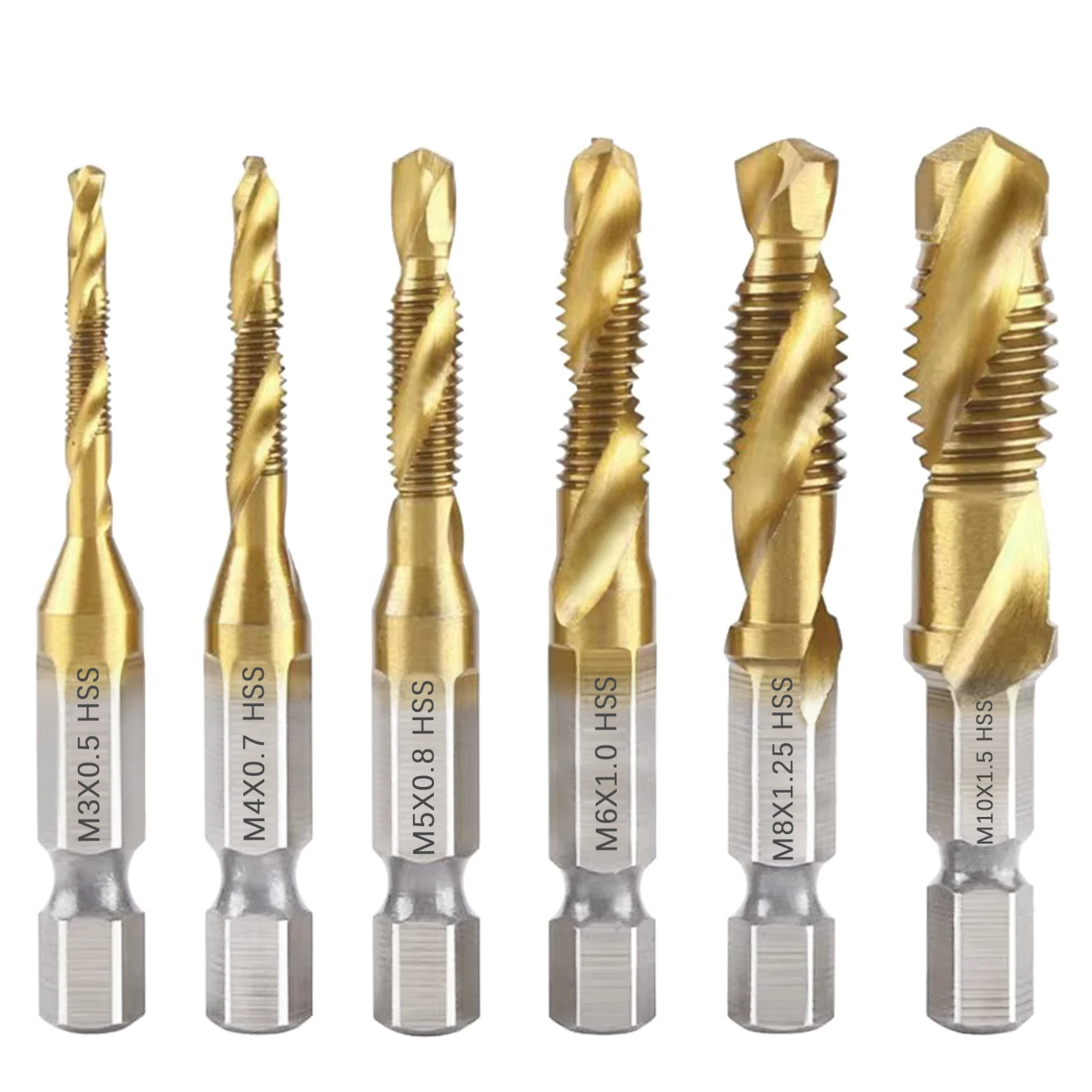 6Pcs HSS-4241 Titanium Coated Screw Tap Drill Bit Set M3 M4 M5 M6 M8 M10 Screw Thread Tools With 1/4'' Hex Shank For Metal Wood
6Pcs HSS-4241 Titanium Coated Screw Tap Drill Bit Set M3 M4 M5 M6 M8 M10 Screw Thread Tools With 1/4'' Hex Shank For Metal Wood