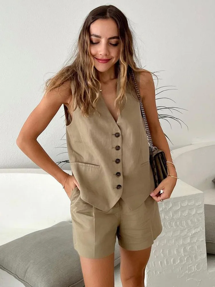 

Summer Faux Linen Two Piece Set Women Elegant Single Breasted Waistcoat Vest And High Waist Bermuda Shorts Sets Womens Outfits
