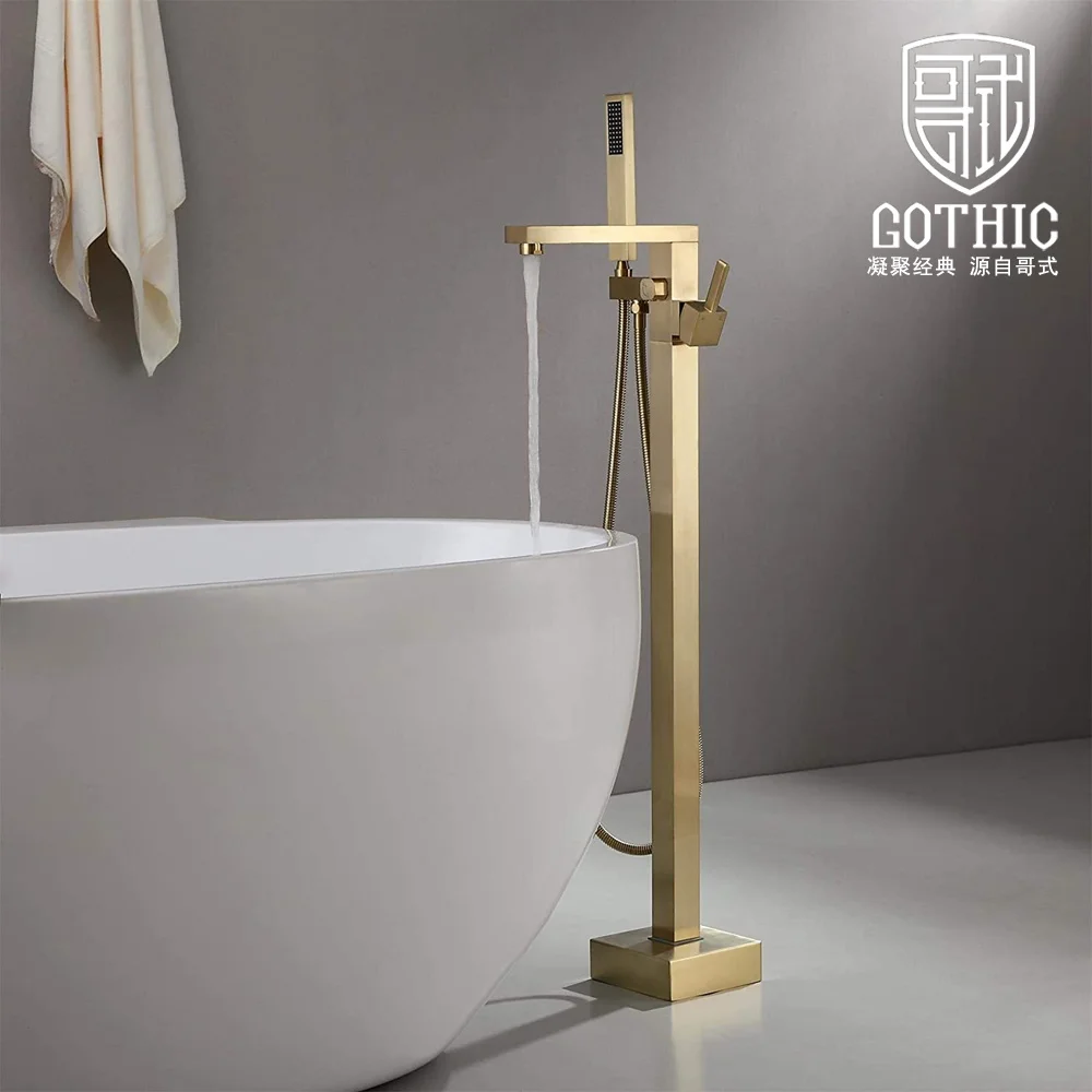 

Brushed Gold Freestanding Bathtub Faucet Hand Shower Tub Faucets Floor Mounted Single Handle Bath Filler Lead-Free Solid Brass