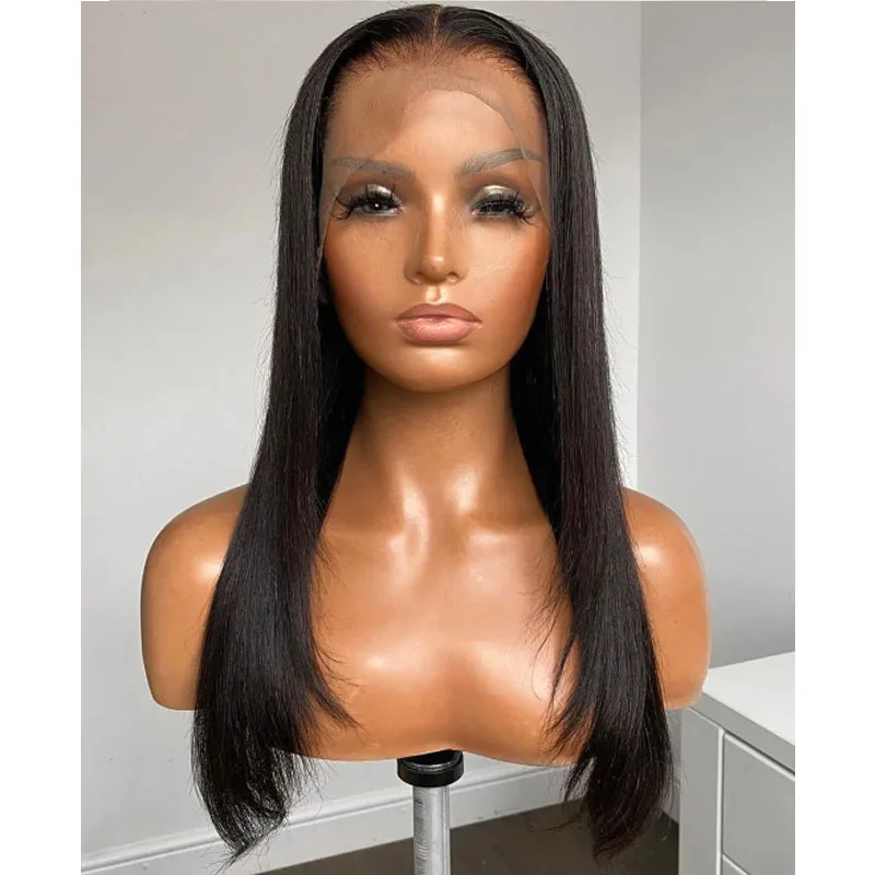 

Long Glueless Soft Preplucked 26Inch 180% Density layered hair Silky Straight 13*4 Lace Front Wig With Baby Hair Fiber Black