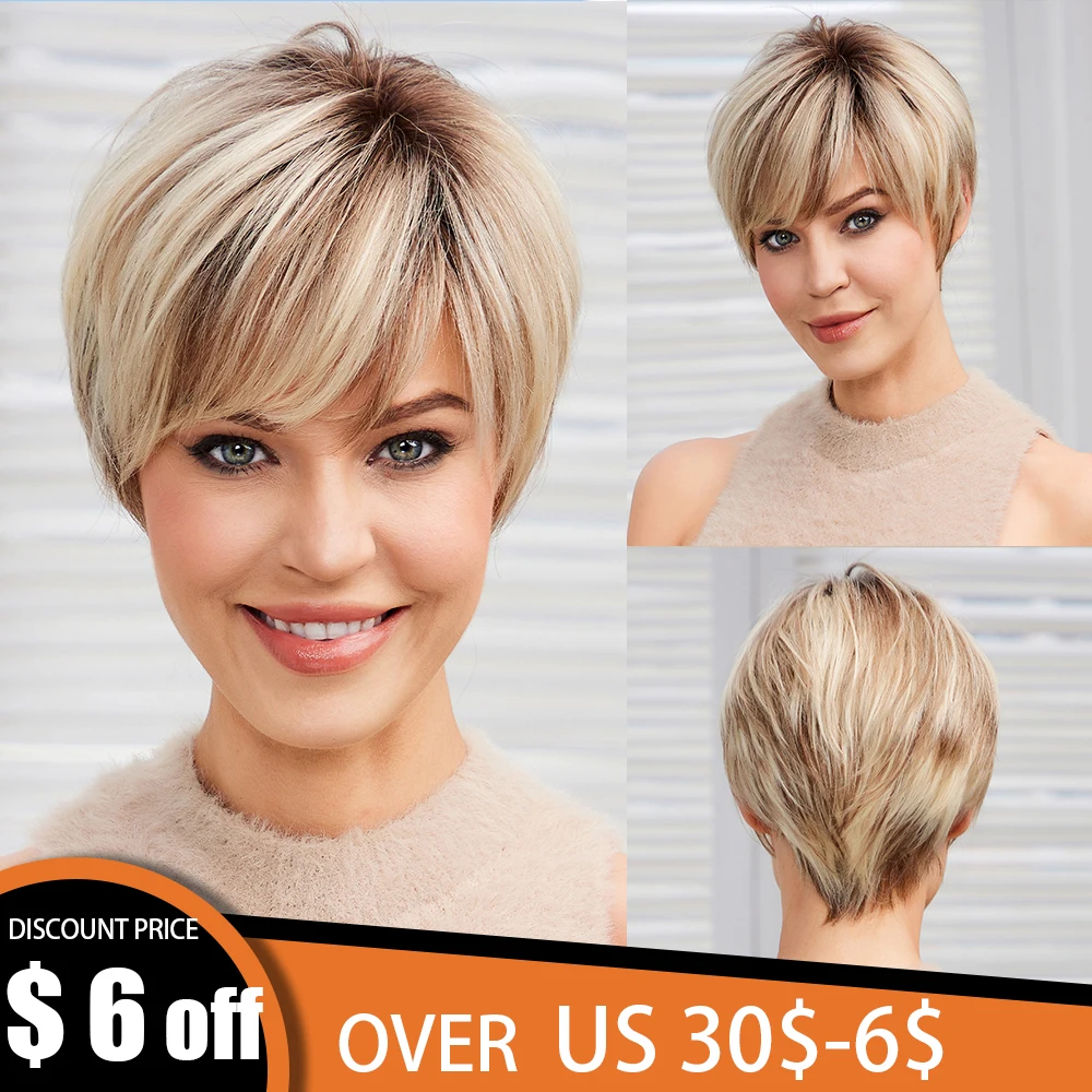 

100% Remy Human Hair Mixed Blonde Ash Brown Lace Front Wigs Pixie Cut Hairs with Bang Short Straight Wig for Women Bob Human Wig