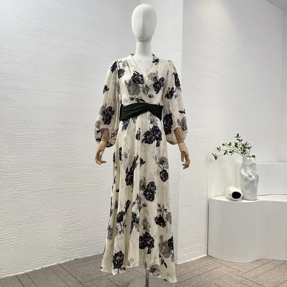 Beige 2024 New Ink Color Tangerine Print Rose Floral Long Shirred Lantern Sleeve Women High Quality Midi Dress
Beige 2024 New Ink Color Tangerine Print Rose Floral Long Shirred Lantern Sleeve Women High Quality Midi Dress