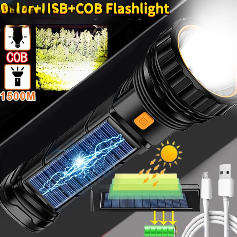 

USB+Solar Charging Flashlight Built-in Battery Torch with COB Side Light Lanterns Waterproof Emergency Power Bank Hand Lamp