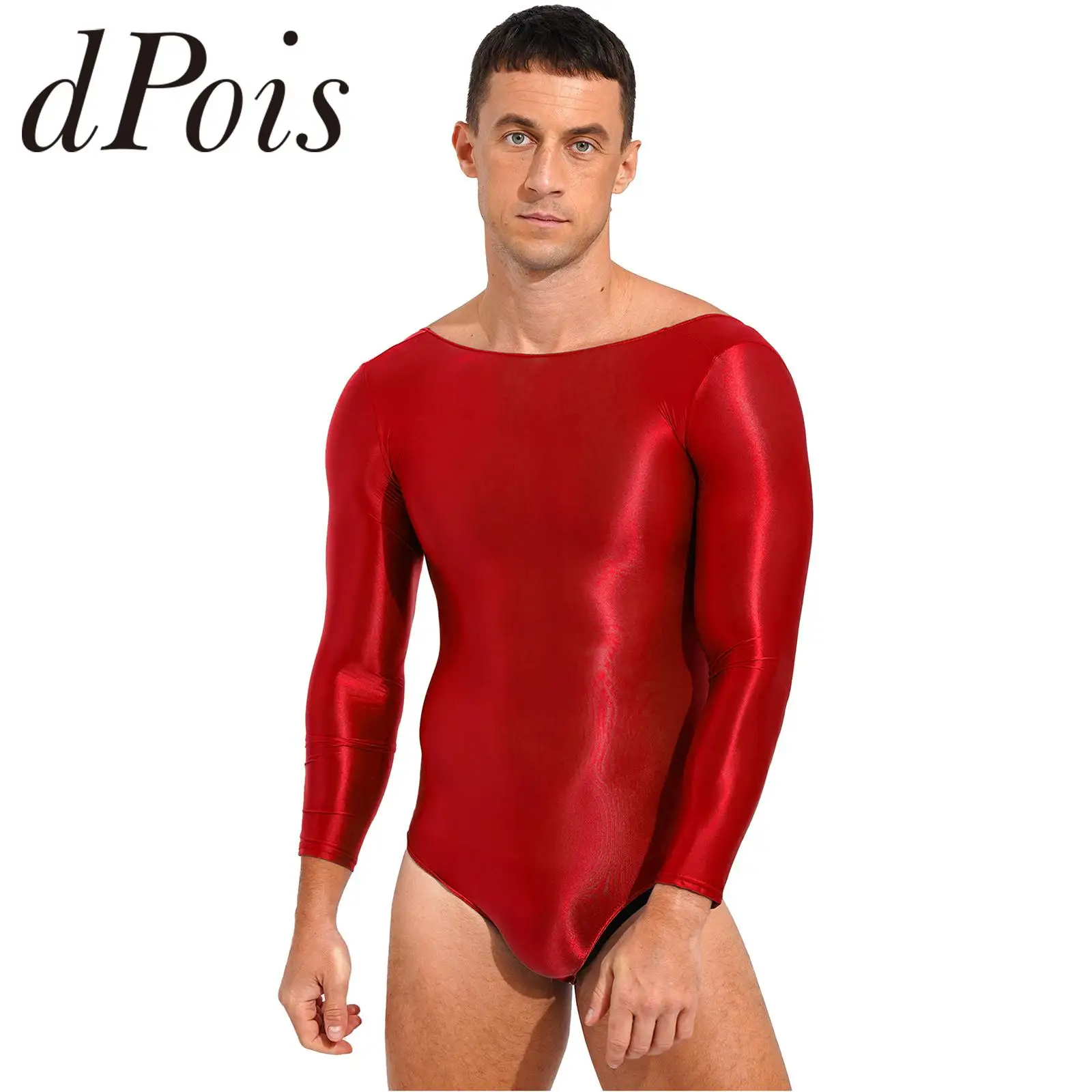 

Mens Glossy Bodysuit One Piece Lingerie Male Swimwear Stretchy Semi See Through Long Sleeve Backless Gymnastics Leotard Jumpsuit