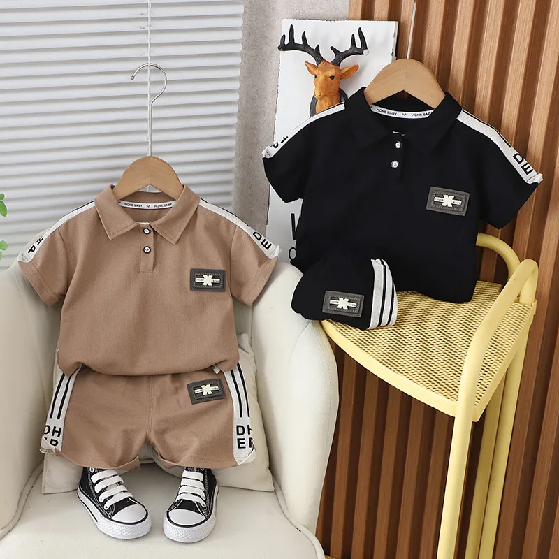 

Комплект летней одежды для мальчиков 2024, детская хлопковая рубашка-поло, шорты, 2 предмета, футболка, костюм для малышей, спортивные костюмы, детская одежда для бега 5 лет