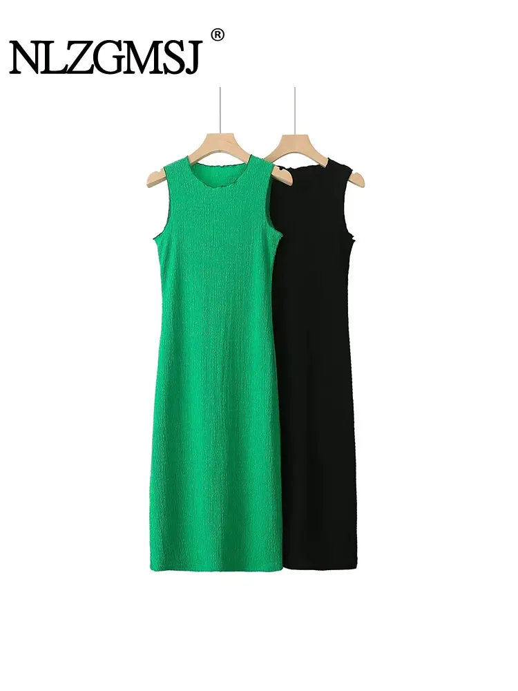 

Nlzgmsj TRAF 2023 Summer New Women two-tone Simple Sleeveless O-Neck Midi Dress Streets Solid color Fashion Ladies