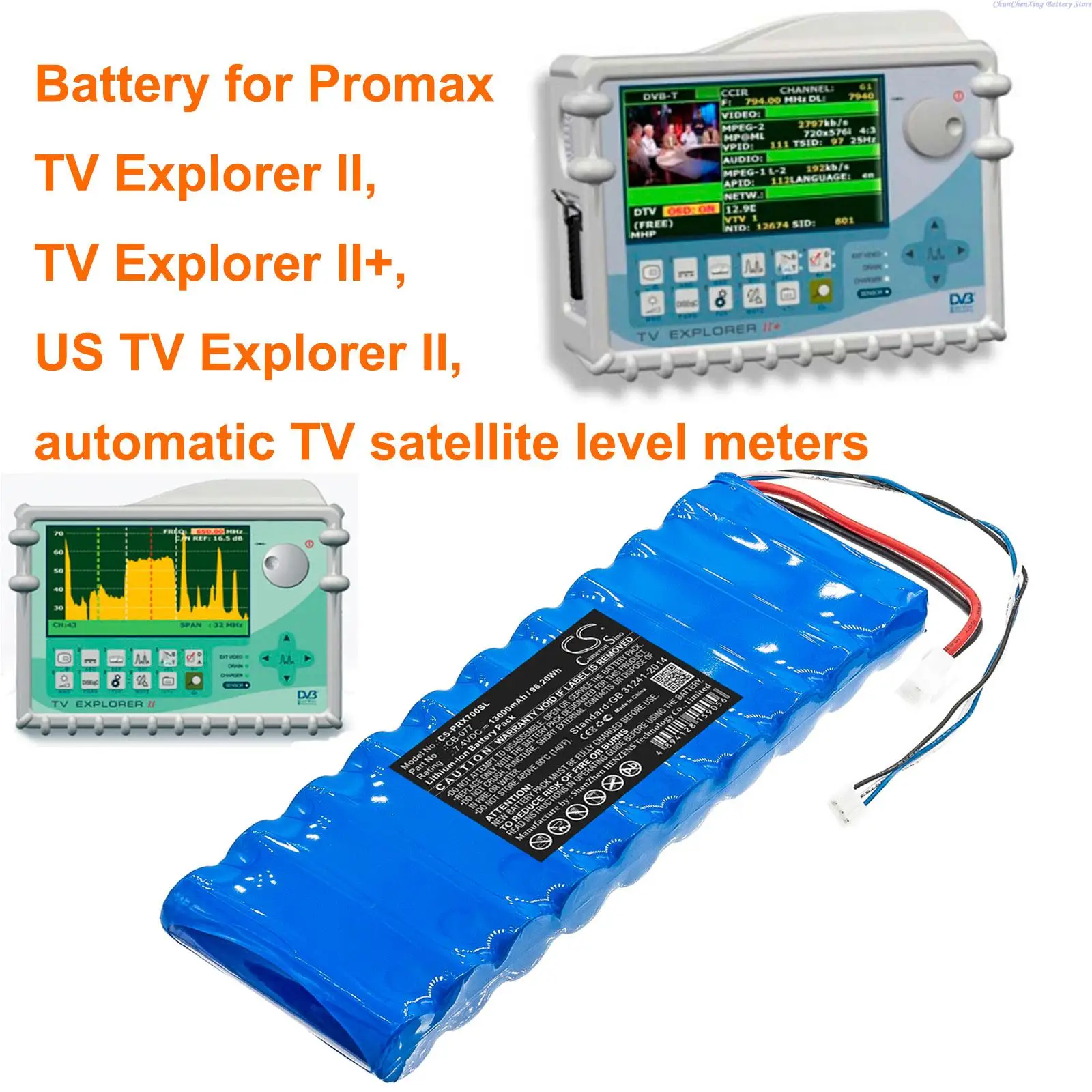 

GreenBattery 13000mAh Battery for Promax TV Explorer II, TV Explorer II+, US TV Explorer II, automatic TV satellite level meters