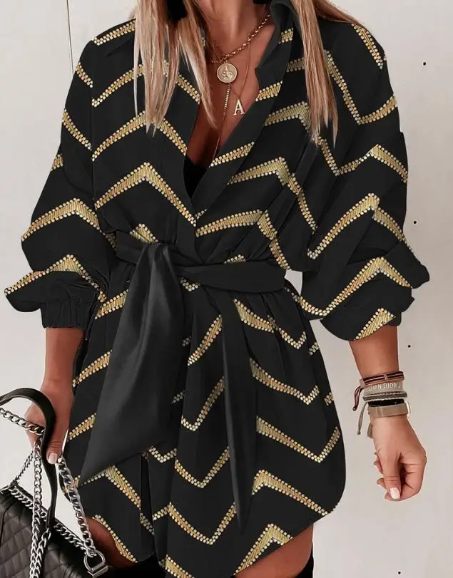 

Party Dresses for Women 2023 Tied Detail Turn-Down Collar Lantern Sleeve Bronzing Chevron Print New Casual Shirt Bandage Dress