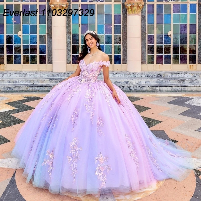 

EVLAST Princess Lilac Quinceanera Dress Ball Gown Off Shoulder Lace Applique Beading Corset Sweet 16 Vestidos De 15 Anos TQD748