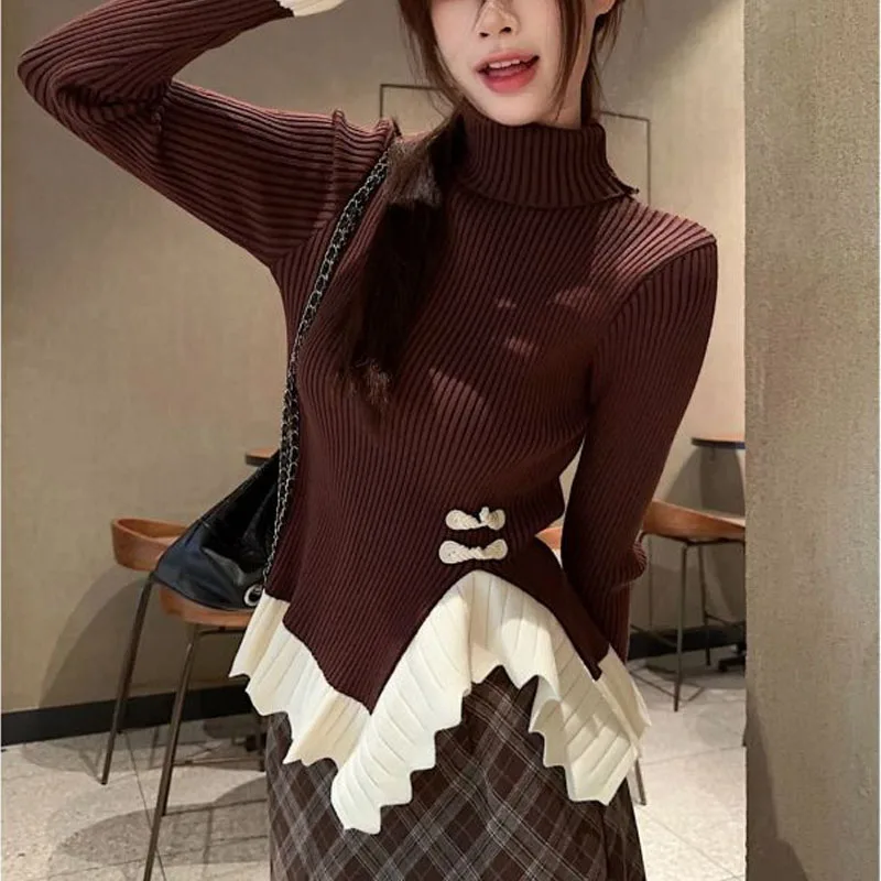 

Women's Autumn Winter New High Necked Ruffle Edge Patchwork Knit Bottom Sweater Fashion Slim Chic Commuter Long Sleeve Tops