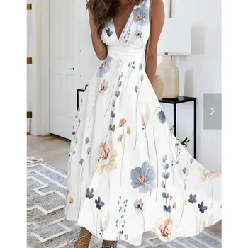 Boêmio férias moda verão feminino novo confortável com decote em v cintura alta sem mangas impresso sexy tanque vestido superior