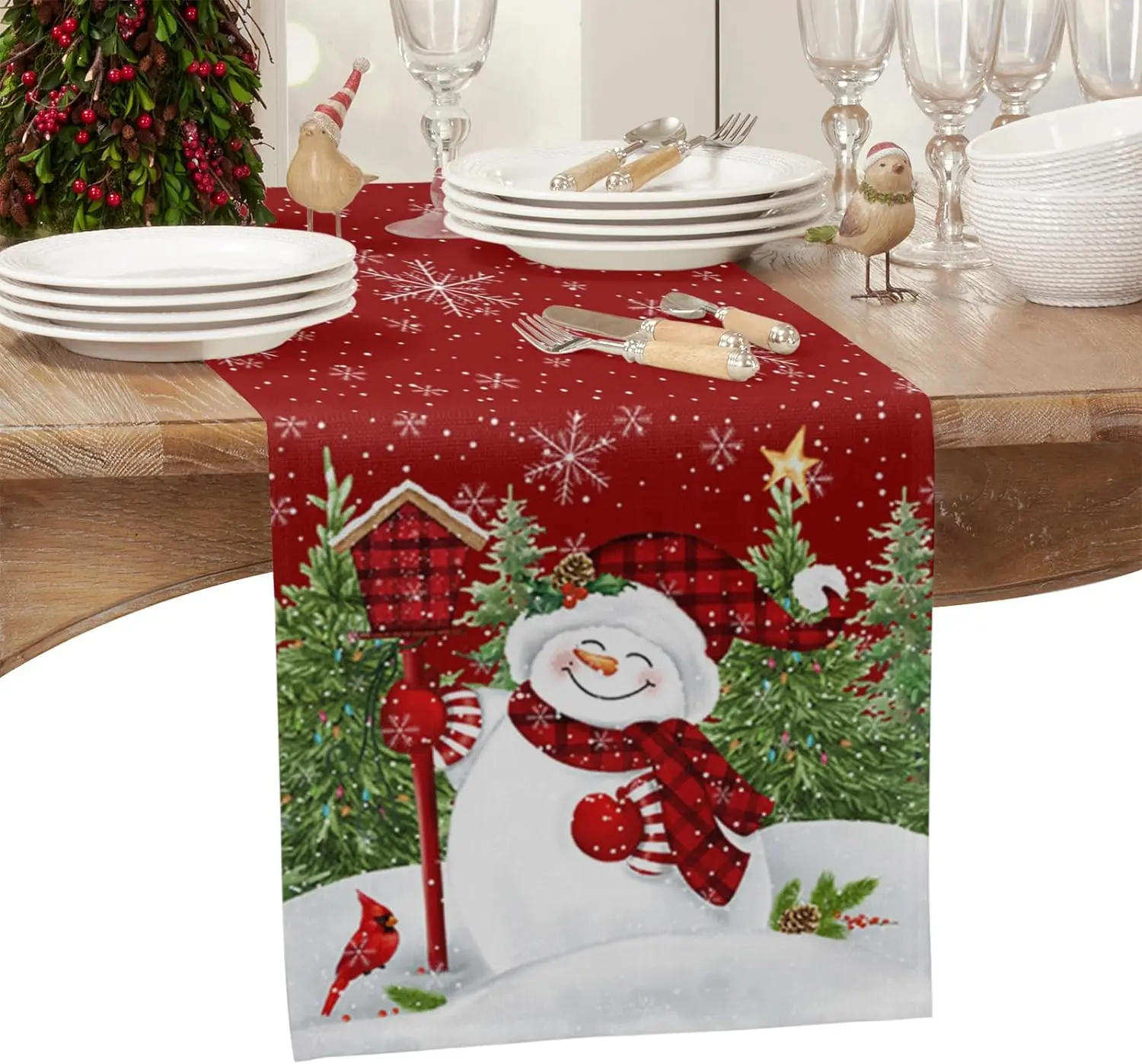 

Christmas Snowman Snowflake Linen Table Runners Dresser Scarves Decor Reusable Xmas Party Dining Table Runner Navidad Decoration