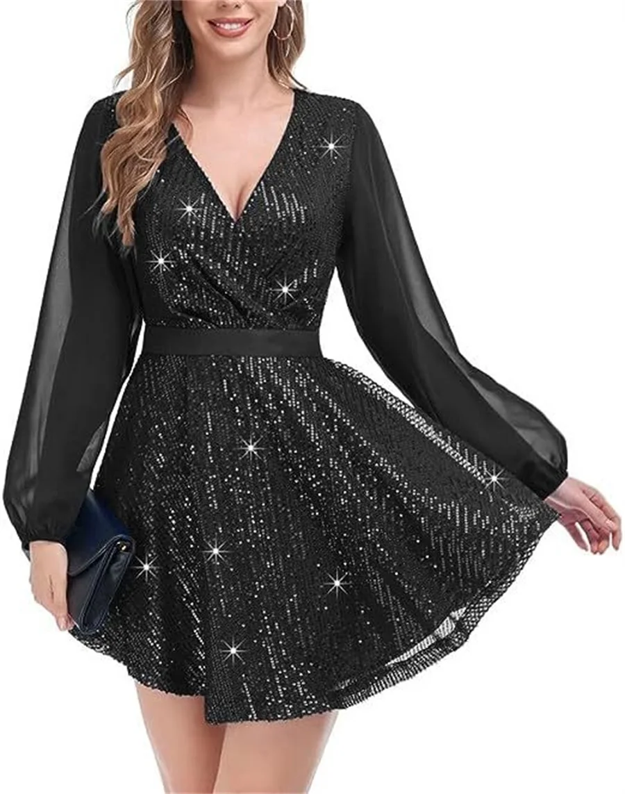 

Elegant Chiffon Sequins Party Dress For Women Sexy V-neck Long Sleeve Prom Dresses With Belt Asymmetric Lady Short Birthday Gown