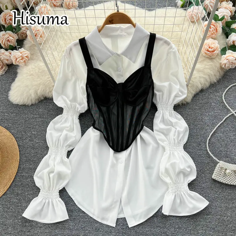 2022 autumn new women stand collar single breasted puff sleeve cotton shirts with black mesh vest female chic two piece set
2022 autumn new women stand collar single breasted puff sleeve cotton shirts with black mesh vest female chic two piece set