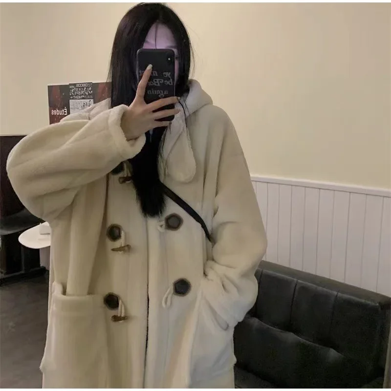 

Пальто из овечьей шерсти, Женская флисовая толстовка с капюшоном, куртка на пуговицах, Свободное пальто, зимнее теплое Женское пальто средней длины, корейское плотное пальто