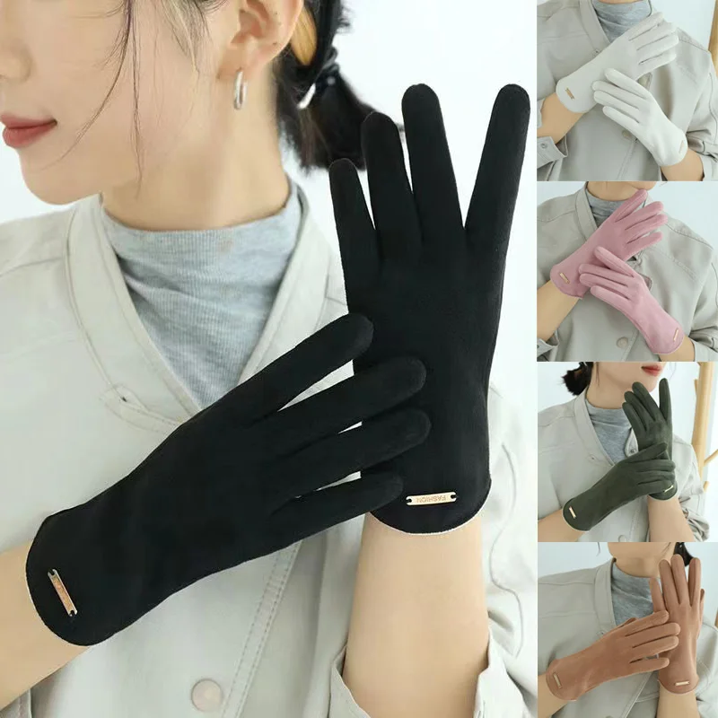 

Женские зимние теплые перчатки 2 шт., замшевые кожаные перчатки без пальцев с пятью пальцами для сенсорных экранов, ветрозащитные велосипедные варежки для вождения