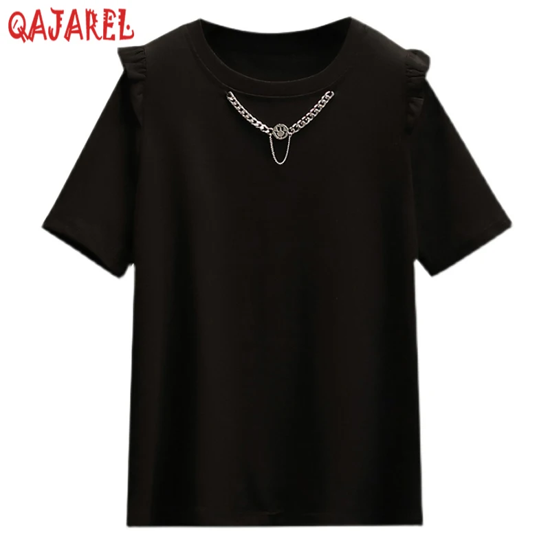 Женская хлопковая футболка с коротким рукавом, розовая Свободная Повседневная футболка с оборками, корейский стиль, черная, лето 2024
Женская хлопковая футболка с коротким рукавом, розовая Свободная Повседневная футболка с оборками, корейский стиль, черная, лето 2024