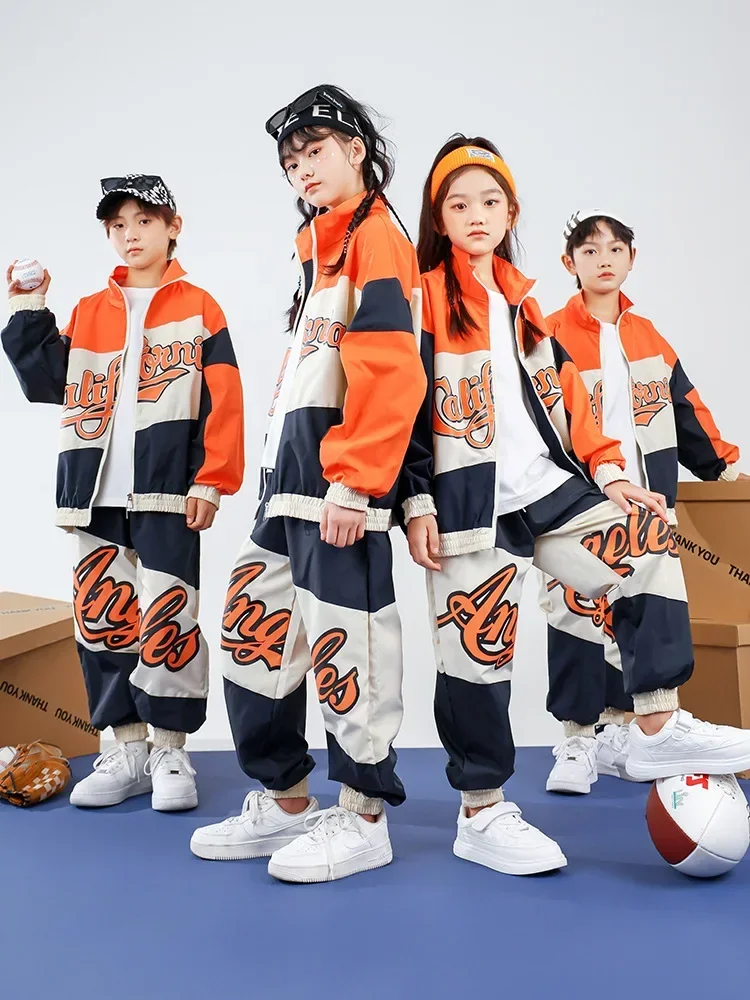

Детская одежда в стиле K-POP, ветровка с цветными блоками, куртка, повседневные Широкие штаны для бега для девочек и мальчиков, костюм для джазовых танцев, одежда