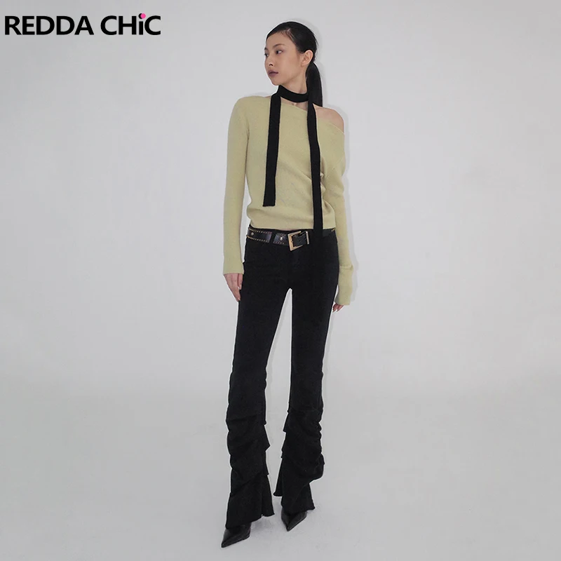 

Женские расклешенные джинсы REDDACHiC в стиле Харадзюку, черные повседневные узкие брюки в стиле ретро 90-х с оборками и высокой талией, эластичные джинсовые брюки-клеш