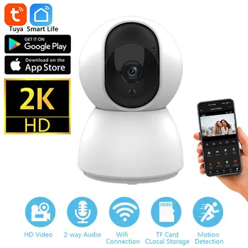 투야 스마트 미니 와이파이 IP 카메라, 실내 무선 감시, 홈 보안 자동 추적 CCTV, 아기 애완 동물 모니터, 4MP 2K
