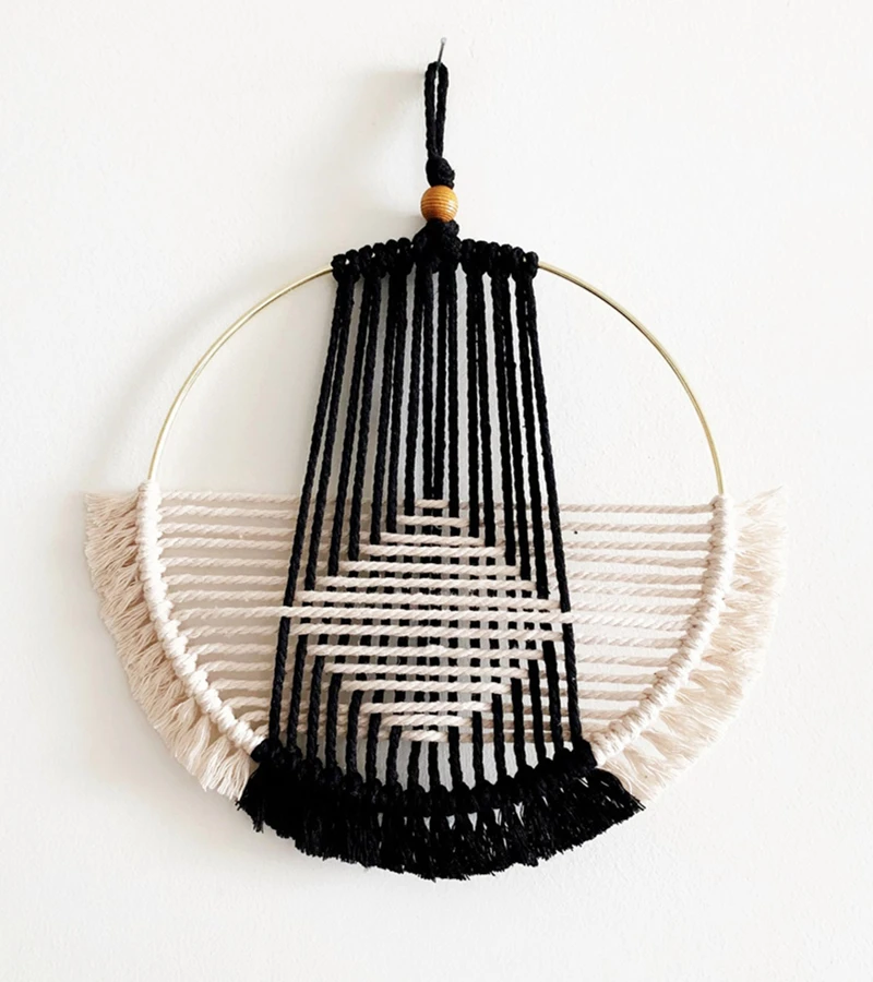 Hand-Woven Cotton Hoop Macrame Wall Art - Pink, Black & Beige Modern Boho Décor 3 S9ad924f8d44346e28af83726f3a01875c
