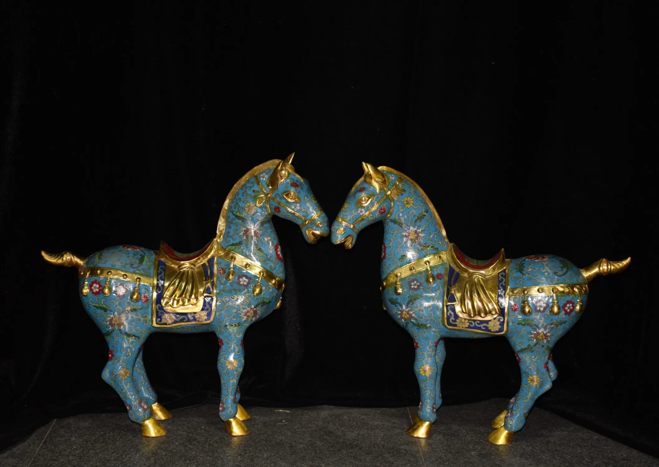 

19"Tibetan Temple Collection Old Bronze Cloisonne Enamel Tang Ma Statue Success Horse A Pair Amass wealth Ornaments Town house