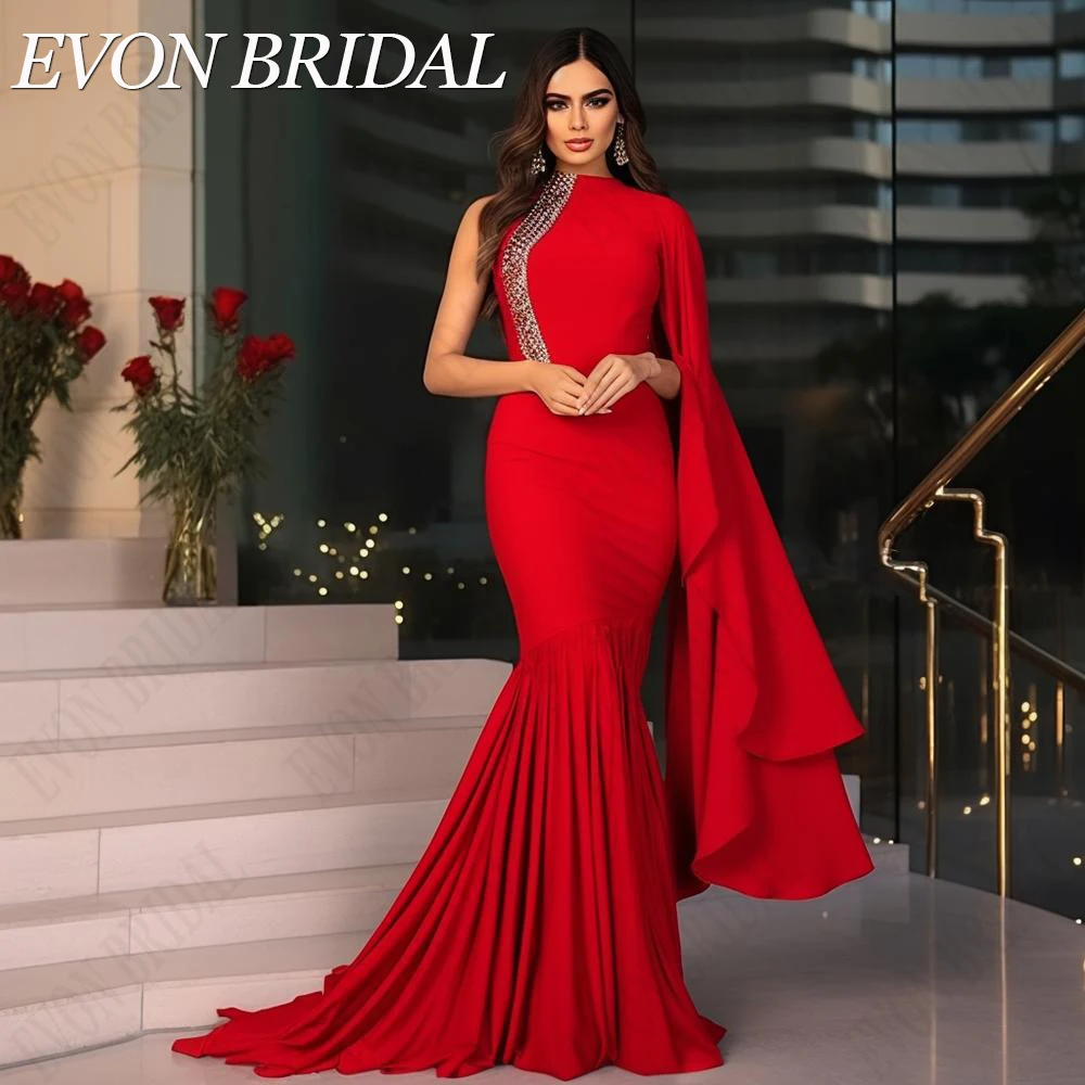 

EVON свадебные сексуальные красные длинные платья русалки для выпускного вечера с бусинами на одно плечо рукава Дубай вечернее платье для женщин атласное платье Сексуальная красная русалка длинное платье для бала с одн