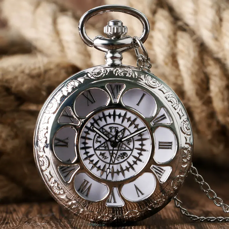 

Silver Hollow Out Case Kuroshitsuji Black Magic Roman Number Quartz Analog Pocket Watch for Men Women Necklace Chain Timepiece