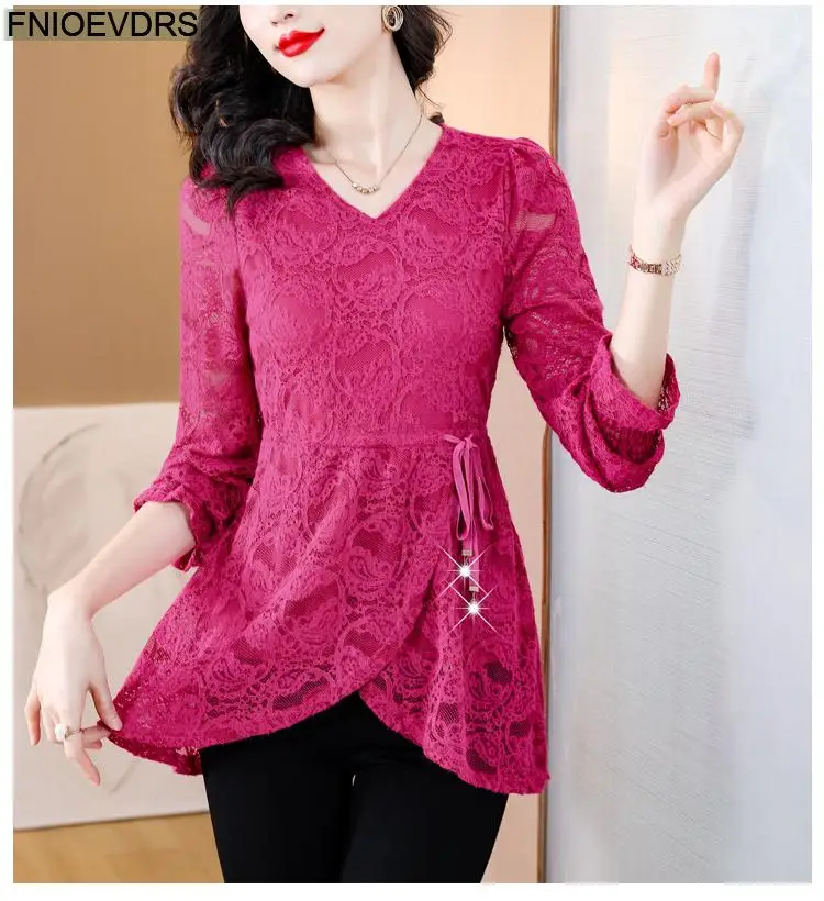M-4XL Hollow Out Lace Shirts2023 Women European Style Office Lady Drawstring Waist Bow Tie Thick Winter Tunic Peplum Top Blouses M-4XL Hollow Out Lace Shirts2023 Women European Style Office Lady Drawstring Waist Bow Tie Thick Winter Tunic Peplum Top Blouses