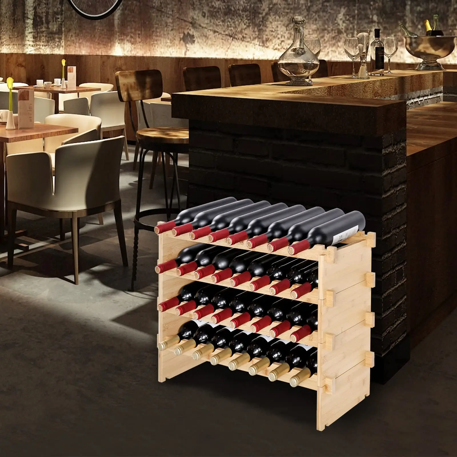 

Elegant Wine Showcase: 48 Bottle Stackable Modular Wine Rack - 6-Tier Bamboo Wood Holder in Natural Tone