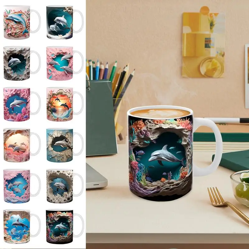 

Керамические кружки с 3D дельфином, портативные и герметичные новые кофейные чашки, 3D плоская керамическая кружка с дельфином для кофе, чая, подарки для любимых