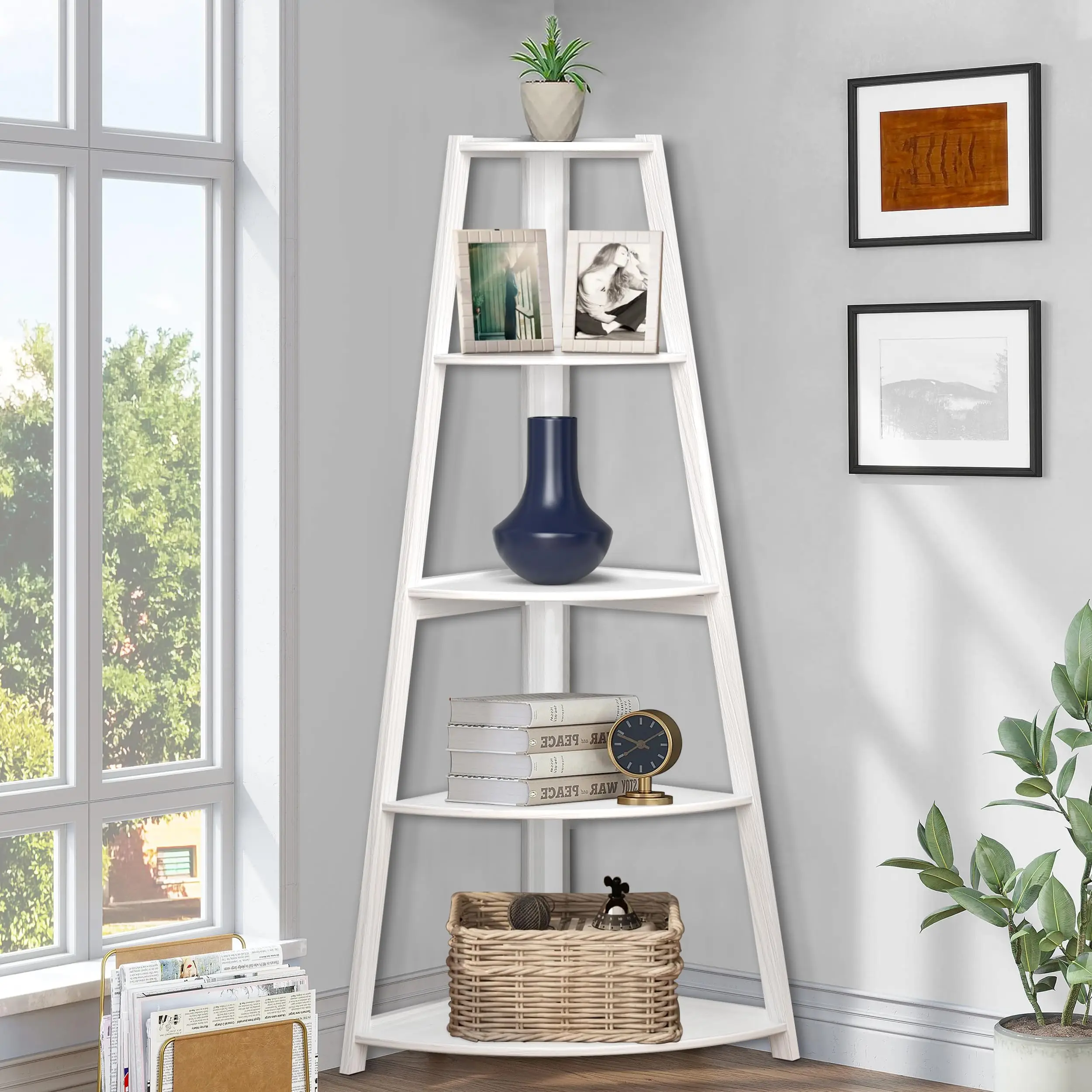 White Corner Charm: 5-Tier Corner Shelf Stand, Corner Bookshelf Plant Stand, Tall Storage Rack Bookcase
White Corner Charm: 5-Tier Corner Shelf Stand, Corner Bookshelf Plant Stand, Tall Storage Rack Bookcase