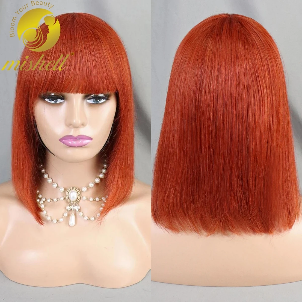 

#33 Orange Straight Full Machin Made Wigs with Bangs Short Bob Human Hair Wig for Back Women PrePlucked Brazilian Remy Hair