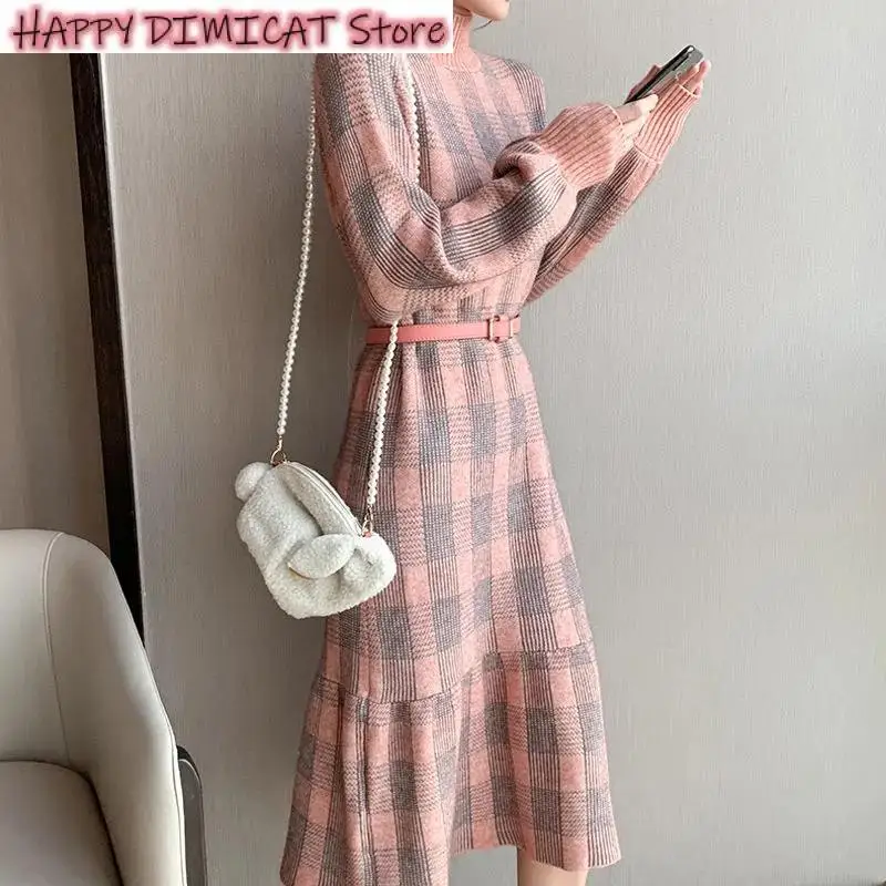 

Knitted Primer Dress Turtleneck Thicken Sweater Dresses Woman Autumn Winter Pink Plaid Midi Dress Ladies Korean Ruffles