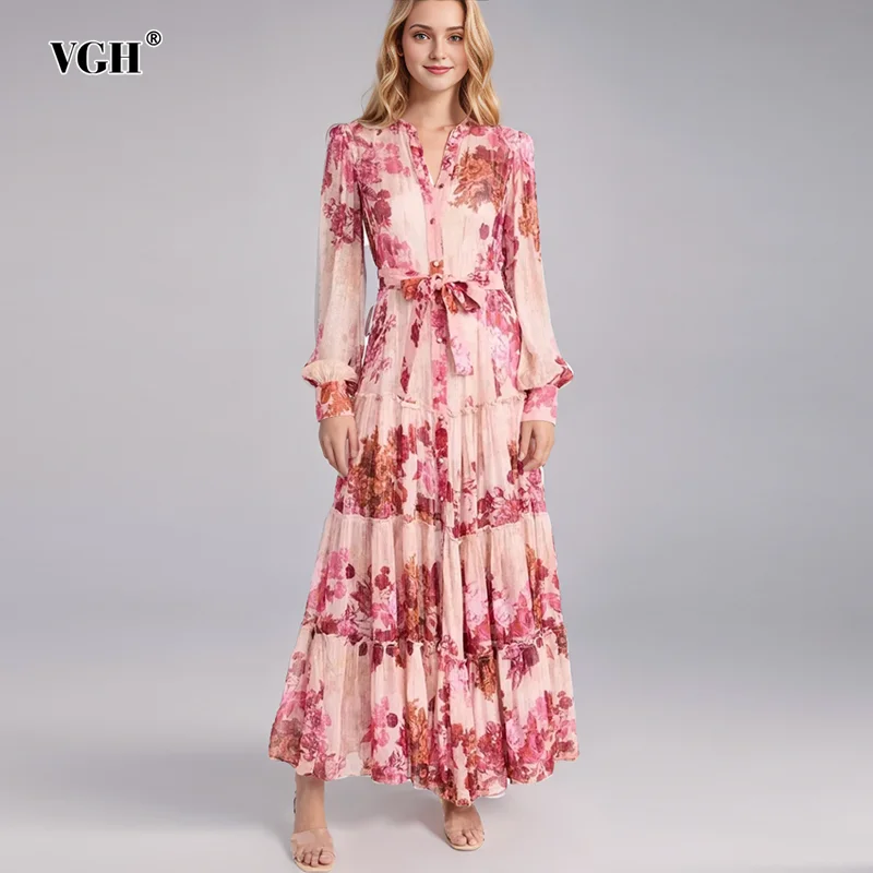 

VGH Hit Color Printing Patchwork Lace Up Dresses For Women Round Neck Long Sleeve High Waist Spliced Button Dress Female Style