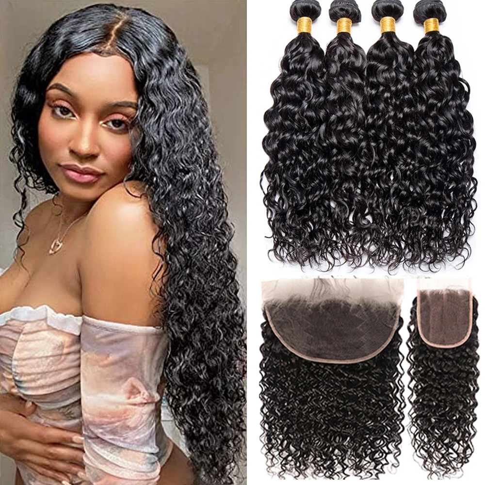 

Water Wave Bundles With Frontal Closure Wet and Wavy Unprocessed Brazilian Curly Human Hair Bundles With Lace Closure Free Part