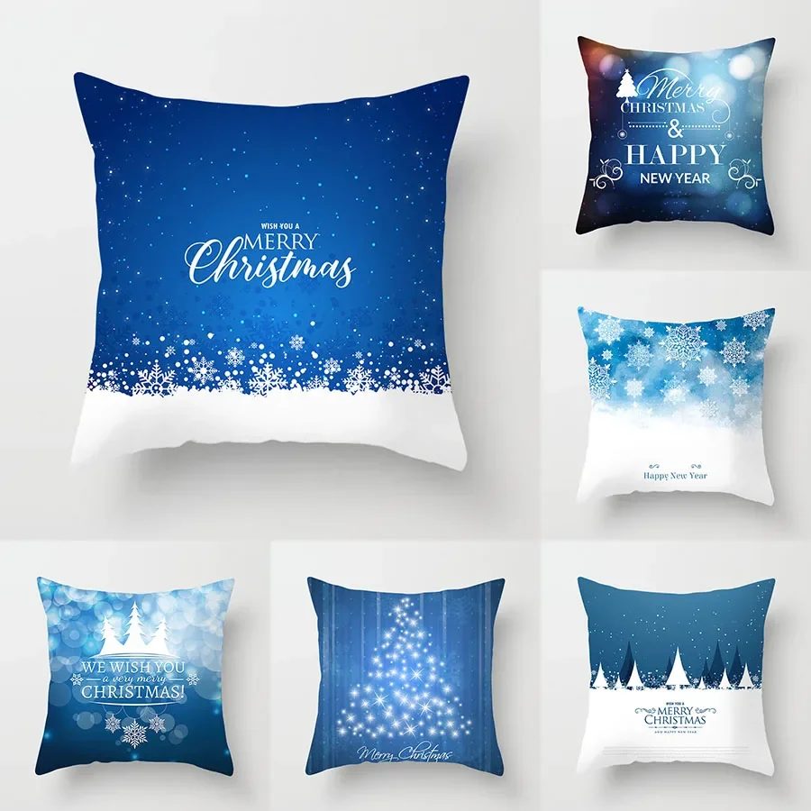 

Home decor christmas blue snowflake merry christmas santa print polyester cushion cover pillowcase funda de almohada