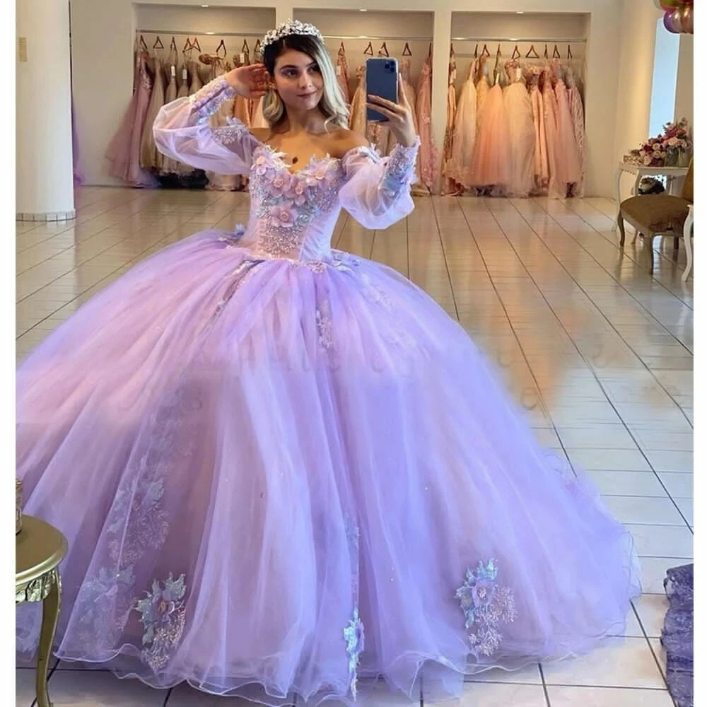 

ANGELSBRIDEP Flowers Lilac Tulle Ball Gown Quinceanera Dresses Appliques Sheer Long Puff Sleeves Formal Princess Party Dresses
