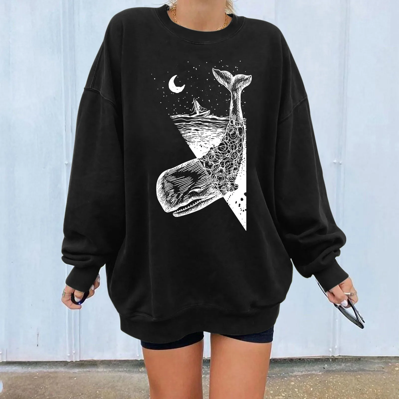 

Taupe Short Cardigan Women Women's Fashion Fish Print Top Shirt Long-sleeved Warm Sweatshirt Casual O Neck Raglan Shirt Women