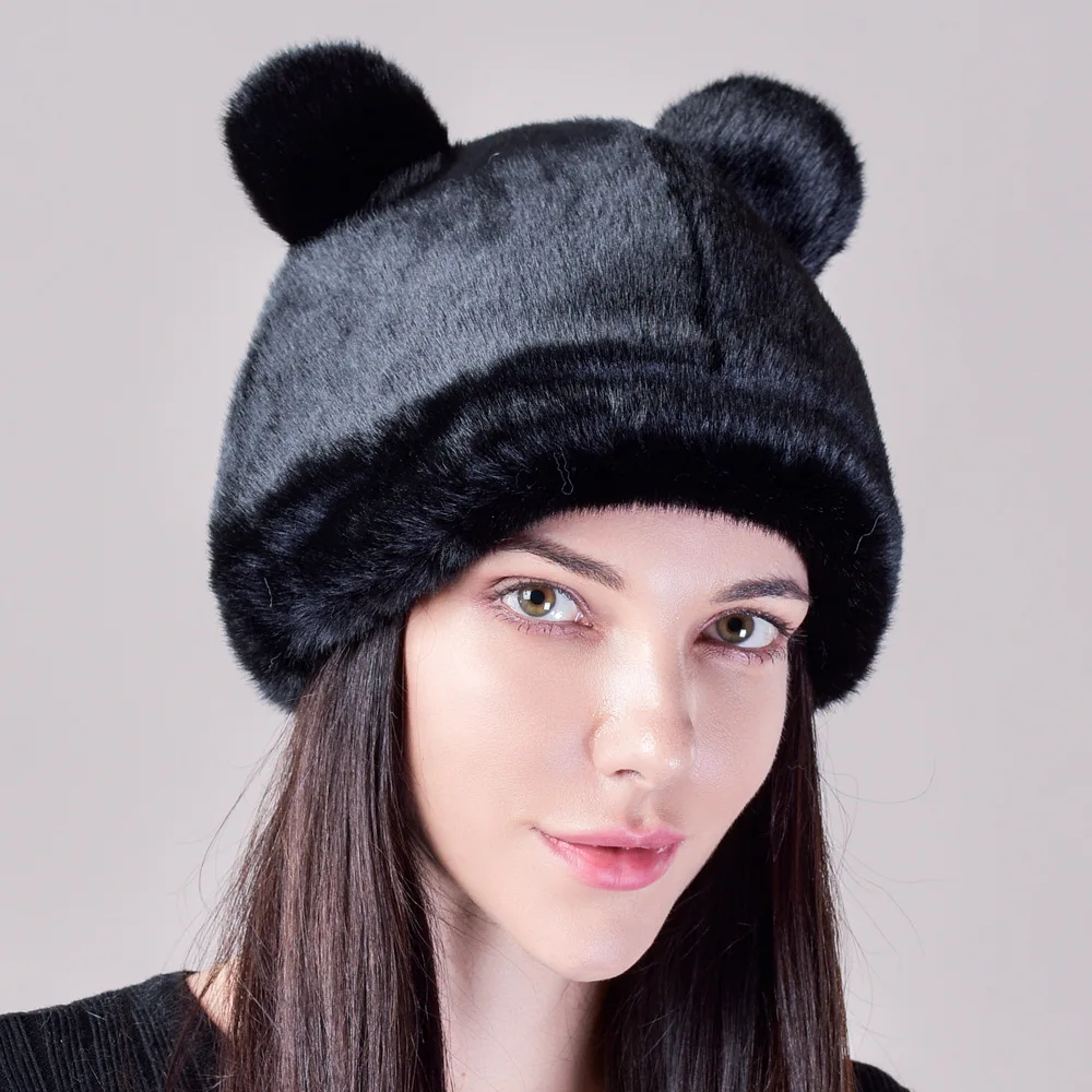 

Winter Women's Bear Plush Hat Cute Thickened Warm Imitation Mink Hat Cold Protective Ear Cap Fashion Fur Hat Cat Ears Cotton Cap